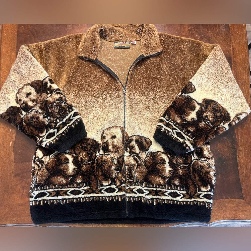 Vintage Cobblestone Canyon All Over Puppy Dog Print Fleece Jacket Western 90s XL